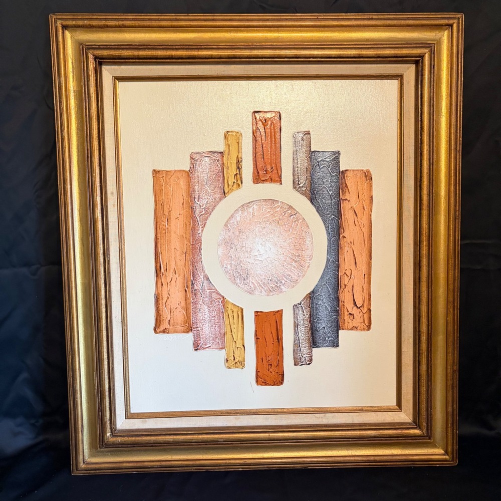 Mid Century Modern Signed Abstract Impasto Oil Painting Gilt Frame Mexico